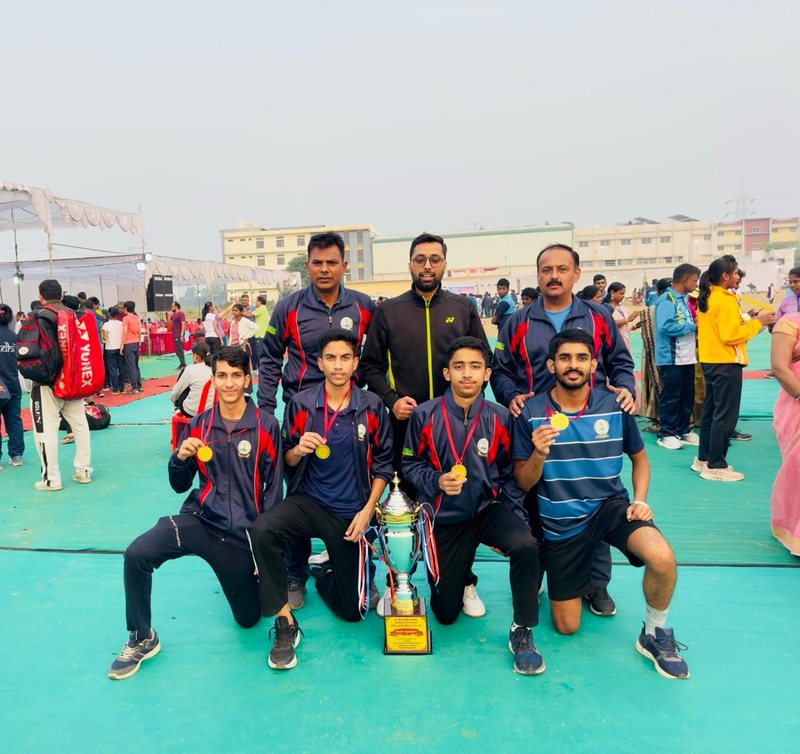 Punjab U-19 boys' team with gold medals and trophy on an outdoor court in Madhya Pradesh